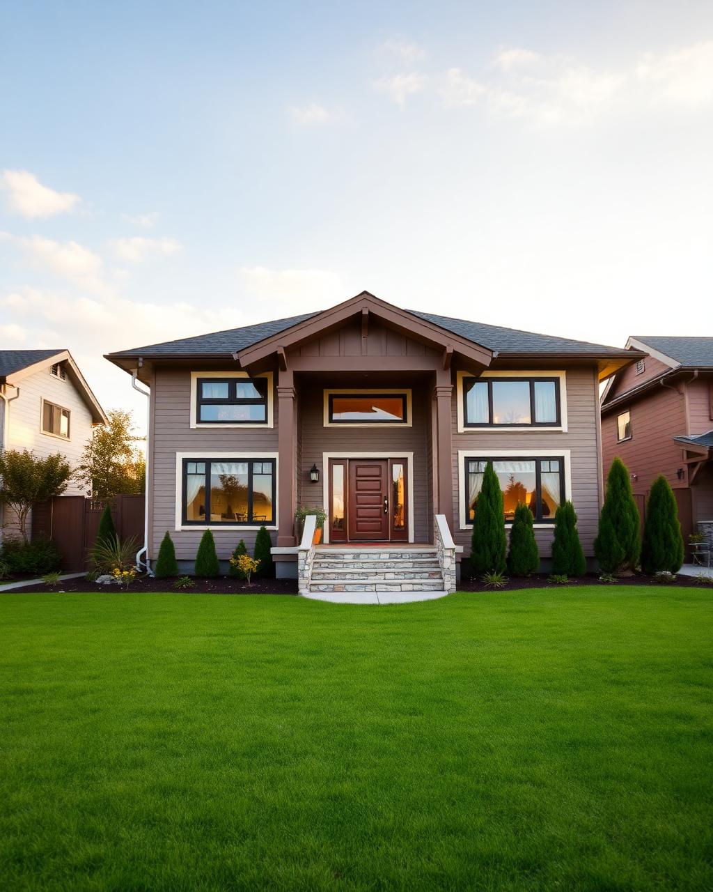 A welcoming first home with a green front lawn at golden hour